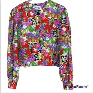 Vintage 80s Marie Michaels mixed pattern print voluminous balloon sleeve blouse